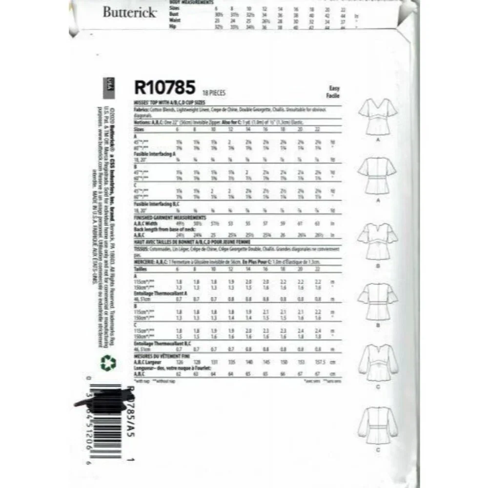 Butterick‎ Sewing Pattern 10785/6732 Misses Top Size 6-14